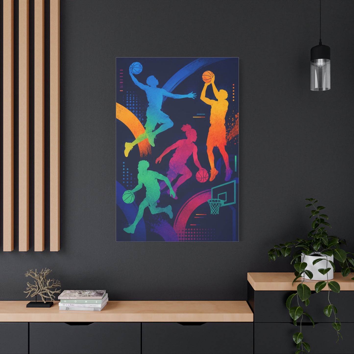 Rainbow Basketball Silhouette Sports Wall Art & Canvas Print