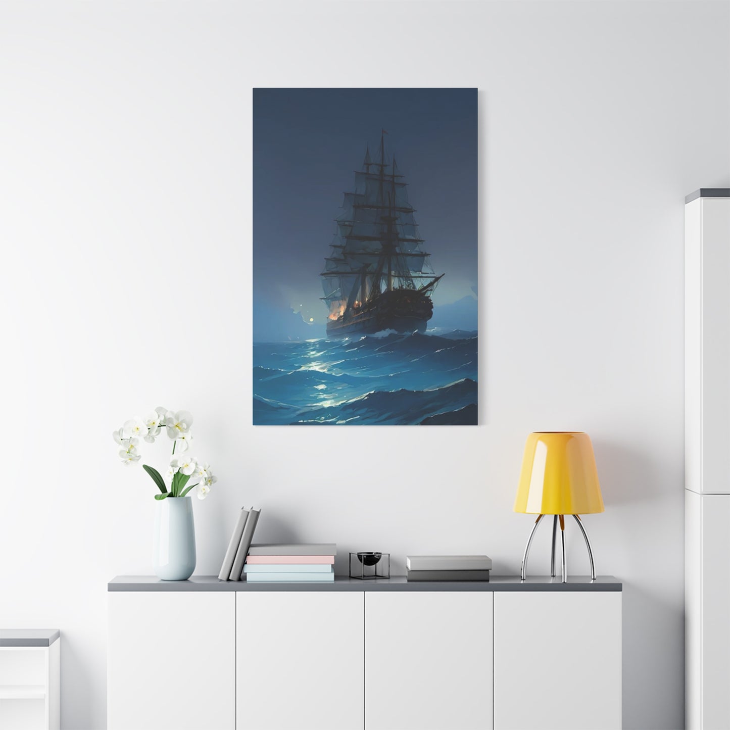 Black Sailing Ship At Night Wall Art & Canvas Prints