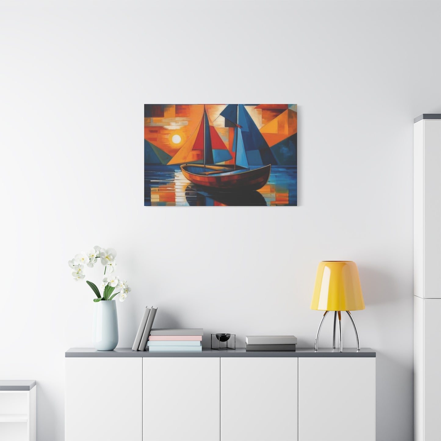 Boat In Water Sunset Cubism Wall Art & Canvas Prints