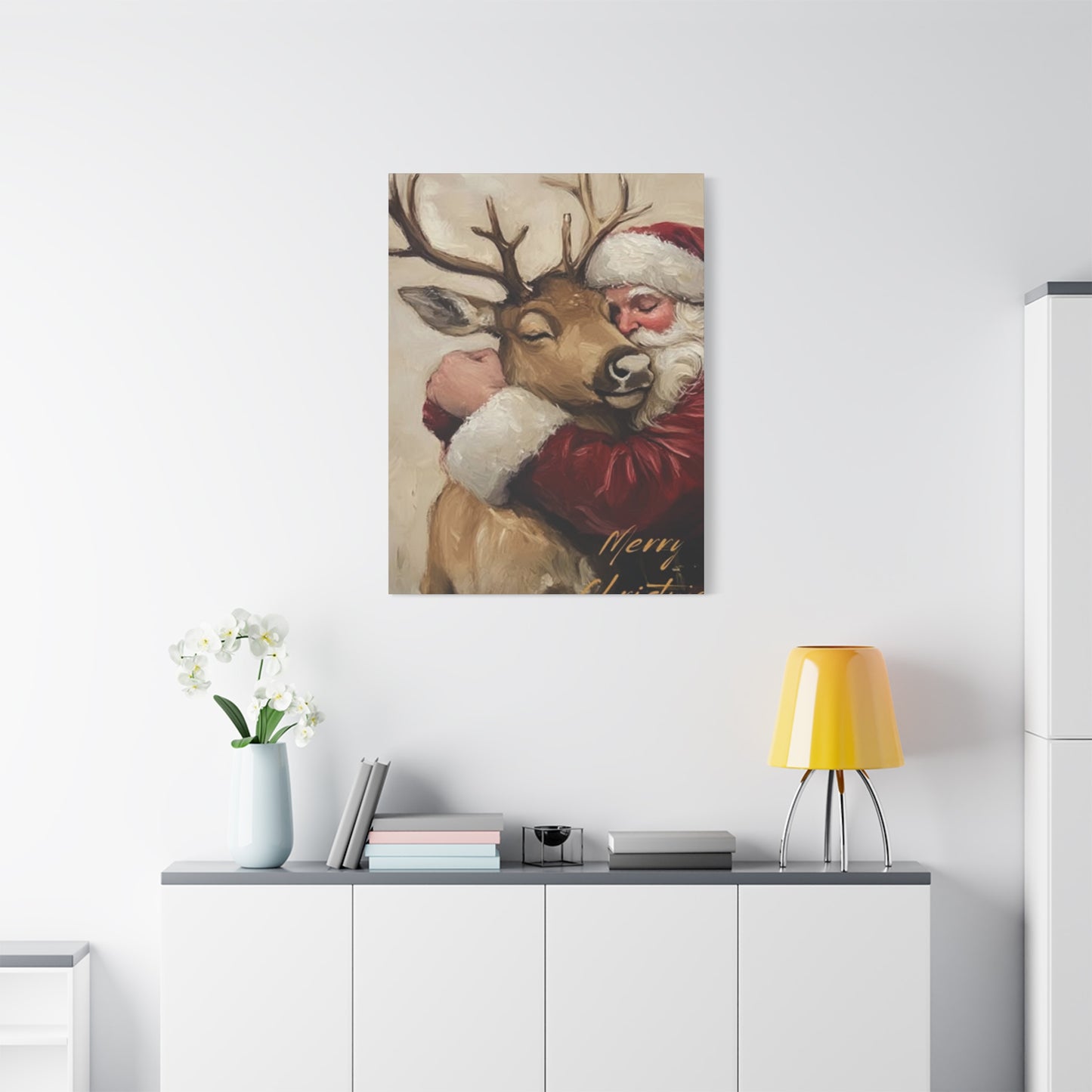 Santa Claus Hugging A Reindeer Wall Art & Canvas Prints