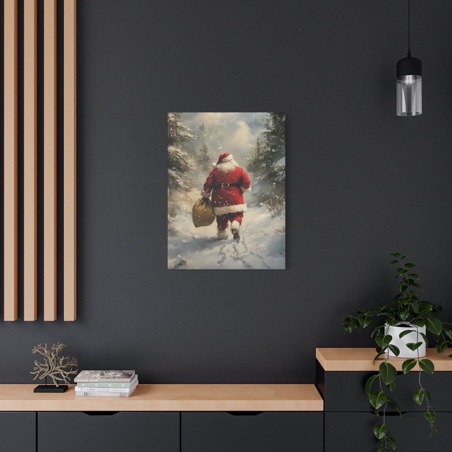 Santa Claus Running In Snow Wall Art & Canvas Prints