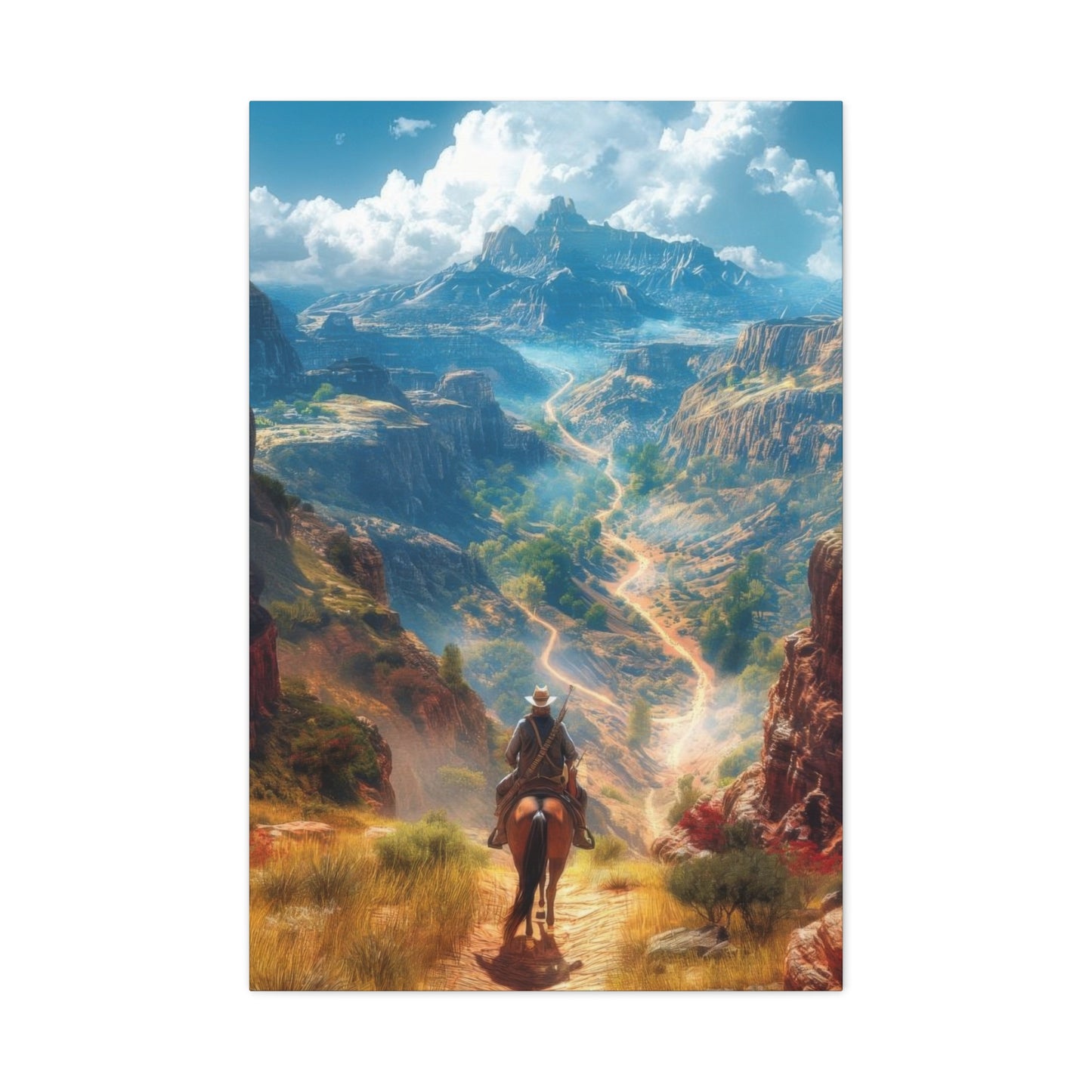 Cowboy Looking At Valley Landscape Wall Art & Canvas Prints