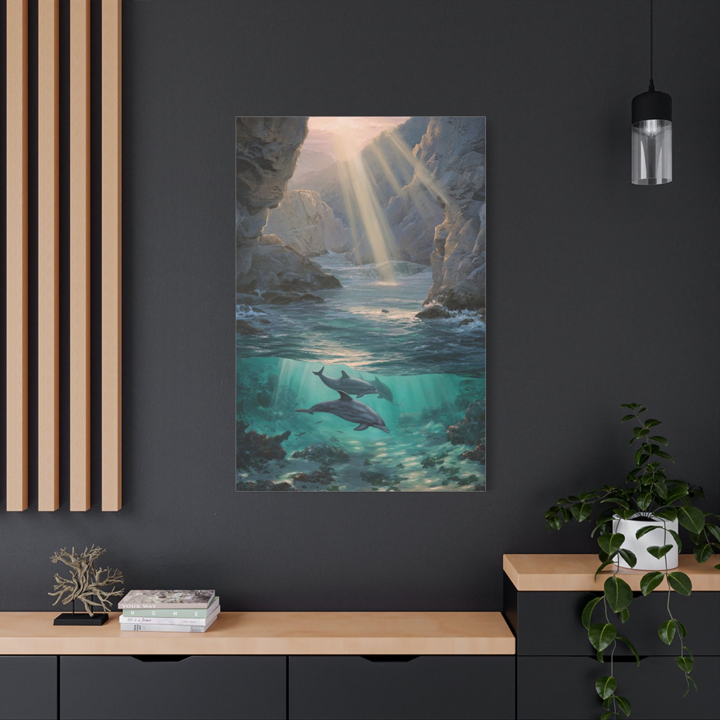 Dolphins Swimming Beneath Sunlit Coastal Waters Wall Art & Canvas Print