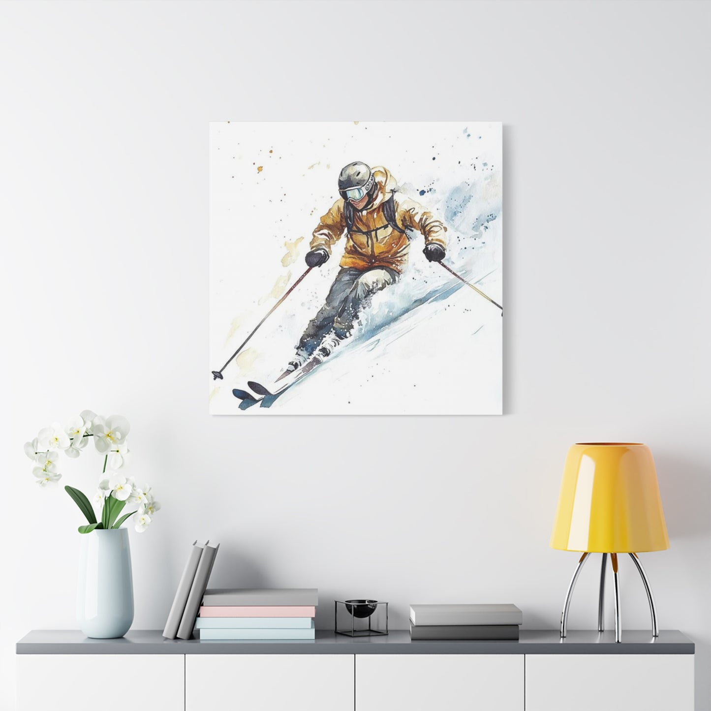 Skiing In White Snow Painting Wall Art & Canvas Prints