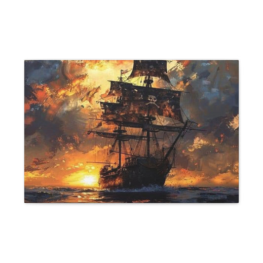 Ship In Sea With Sunset Wall Art & Canvas Prints