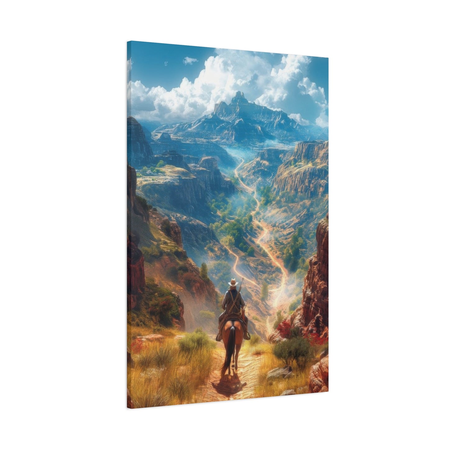 Cowboy Looking At Valley Landscape Wall Art & Canvas Prints