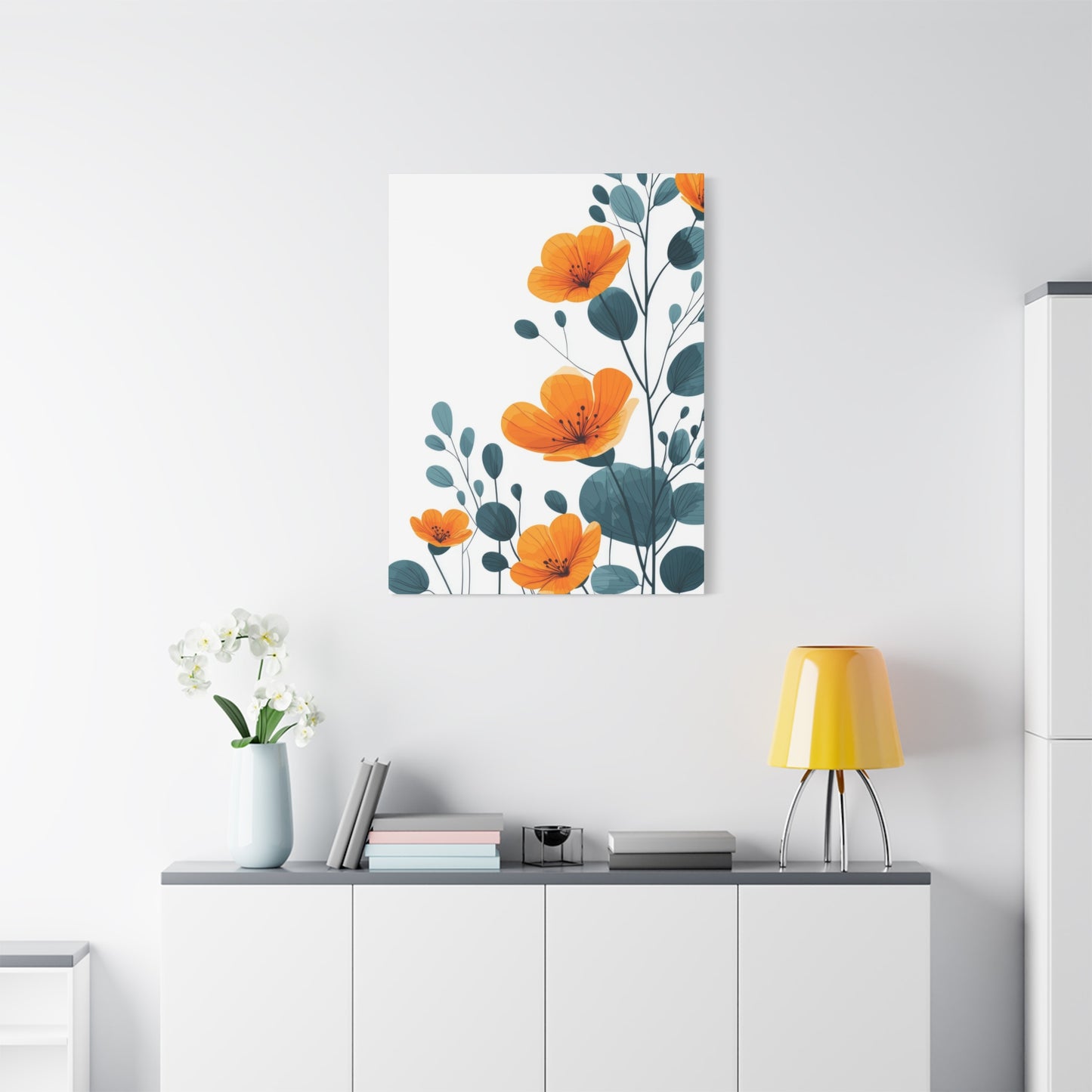 Orange Flower Blue Leaves Deco Wall Art & Canvas Prints