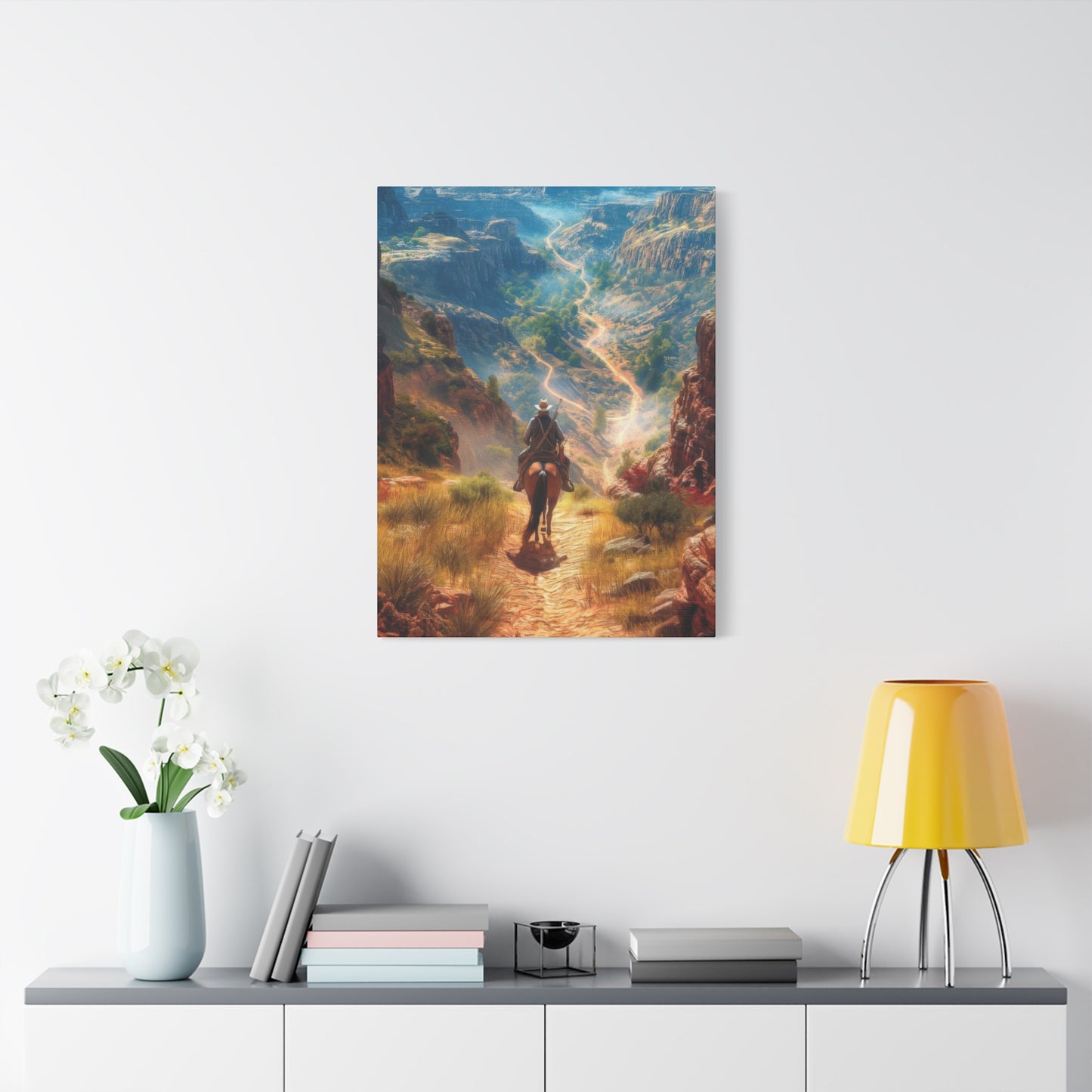 Cowboy Looking At Valley Landscape Wall Art & Canvas Prints