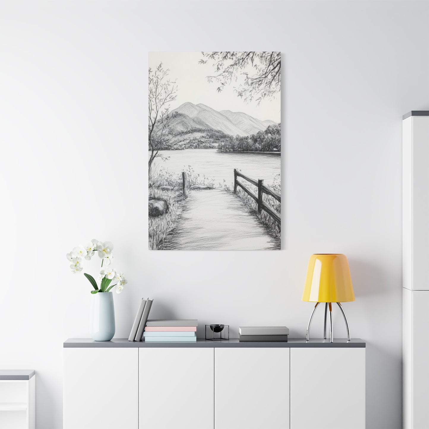 Path Along River Grey Wall Art & Canvas Prints