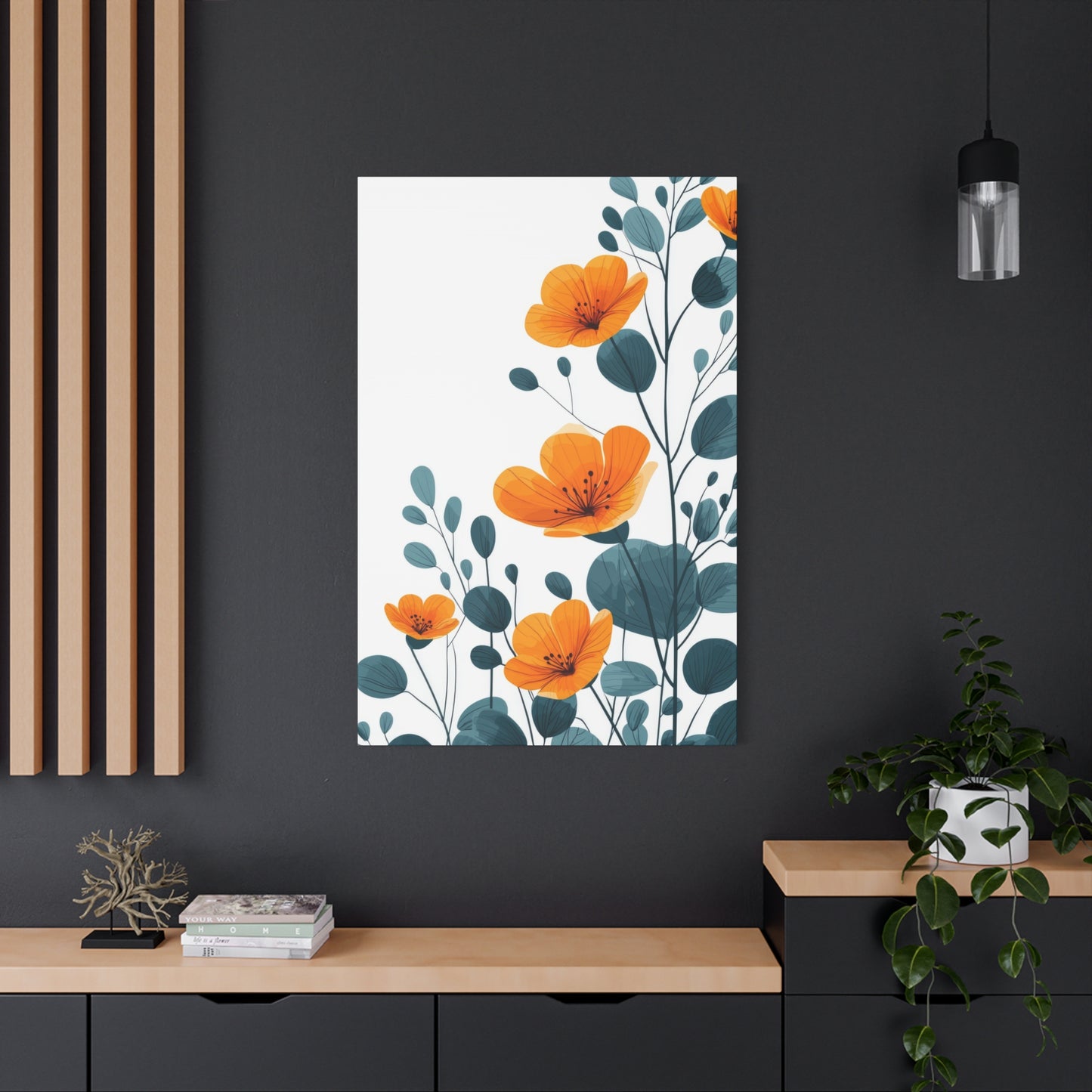 Orange Flower Blue Leaves Deco Wall Art & Canvas Prints
