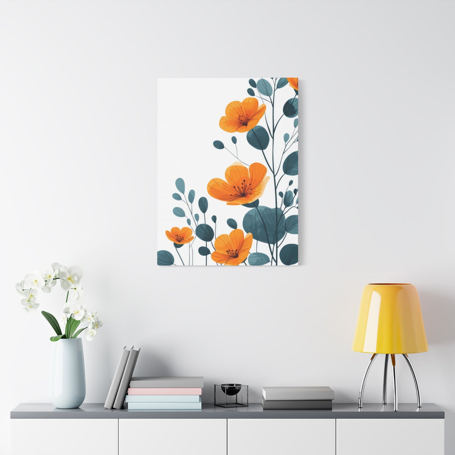 Orange Flower Blue Leaves Deco Wall Art & Canvas Prints