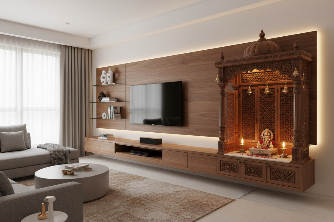 Compact Homes, Big Solutions: TV Unit With Mandir Design Ideas