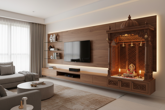 Compact Homes, Big Solutions: TV Unit With Mandir Design Ideas