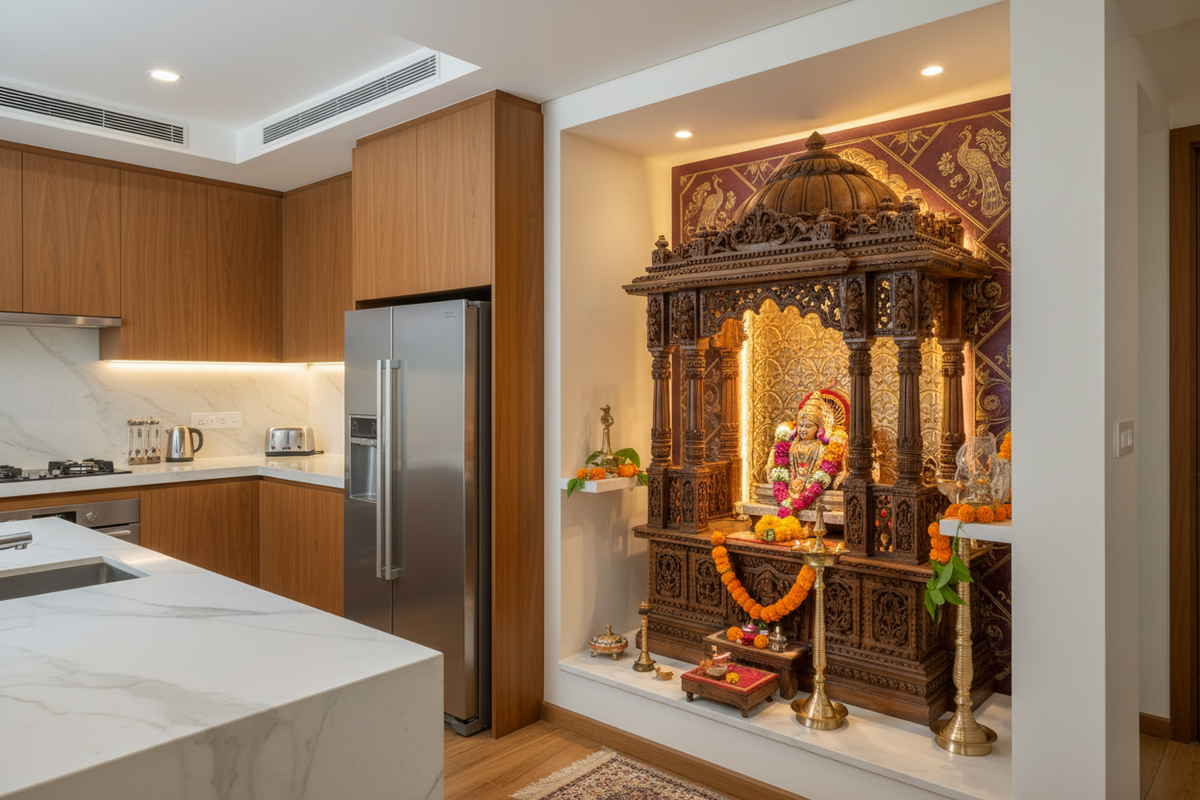 Elegant and Inspiring Pooja Room Designs Within Your Kitchen Space