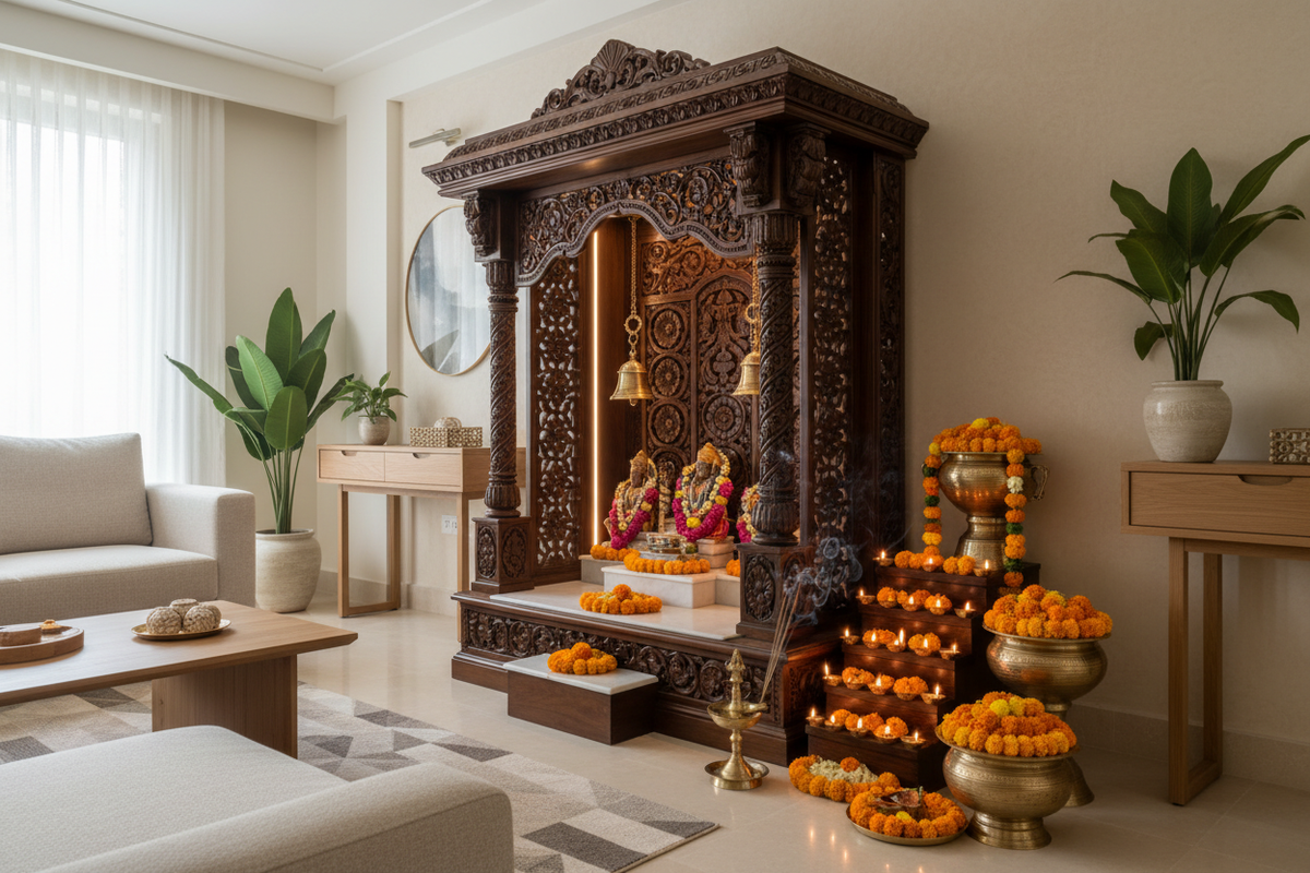 Elegant Pooja Unit Concepts That Bring Serenity to Your Living Room