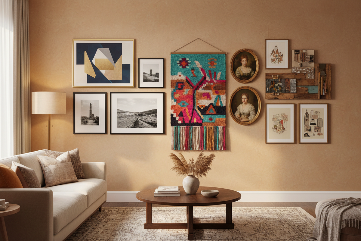 Personalized living room with gallery wall, artwork, books and decorative objects