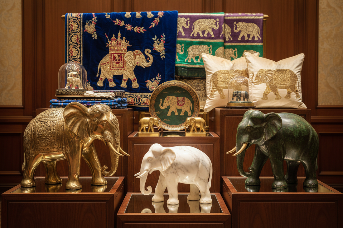 Luxurious Elephant Sculptures, Textiles, and Accessories