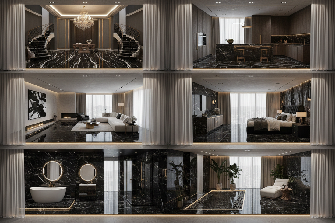 Luxury Underfoot: 6 Black Marble Flooring Inspirations