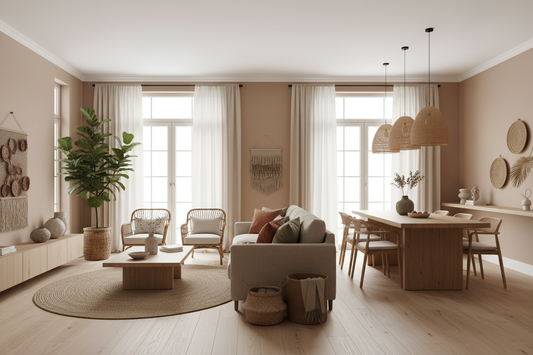 Modern 3BHK Apartment Interior Featuring Earthy Colors and Natural Vibes