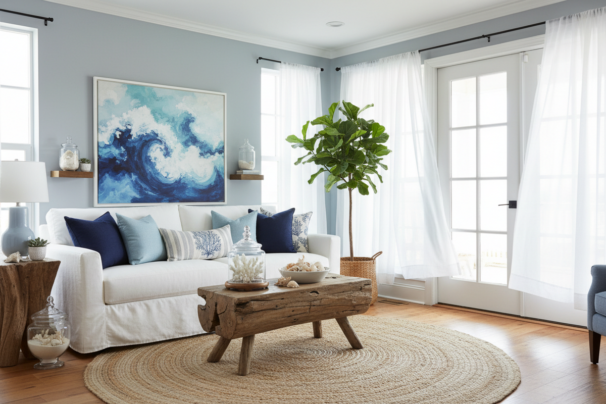 Seaside Serenity: Blue Coastal Living Room Decor