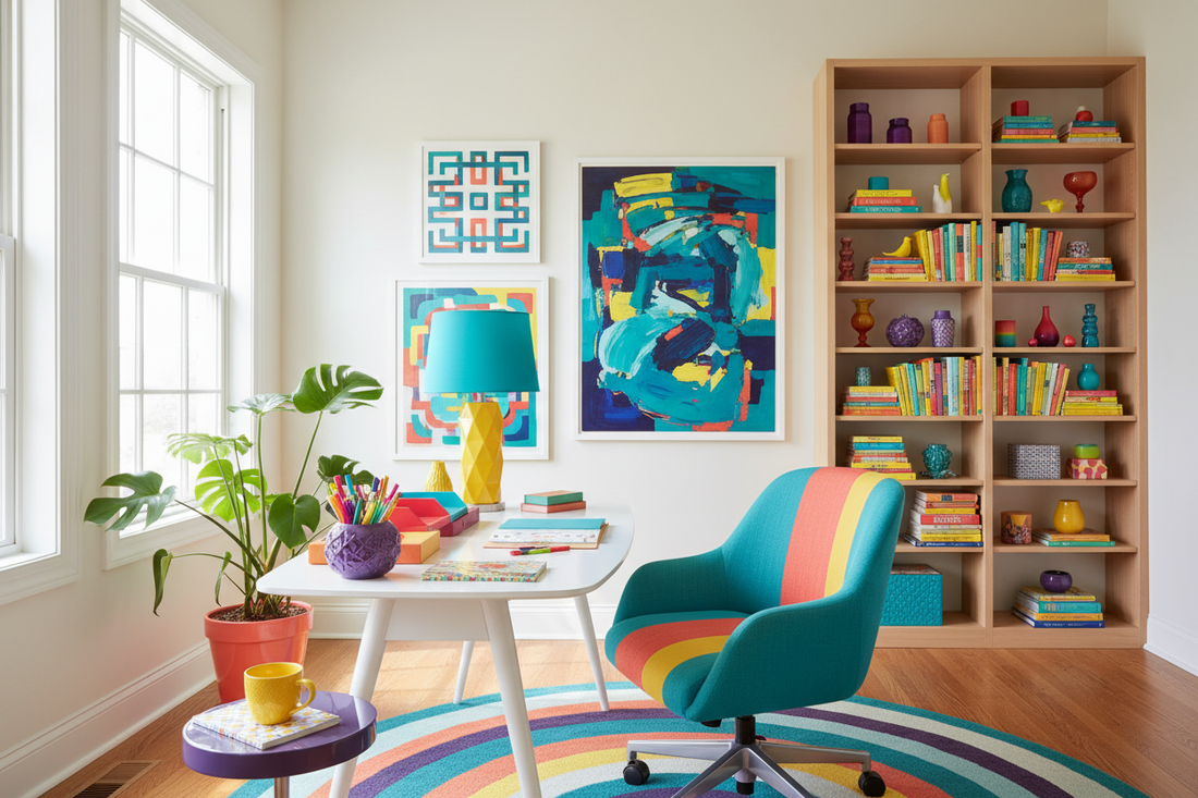 Vibrant Home Office Design: Wall Art, Furniture, and Accessories in Color