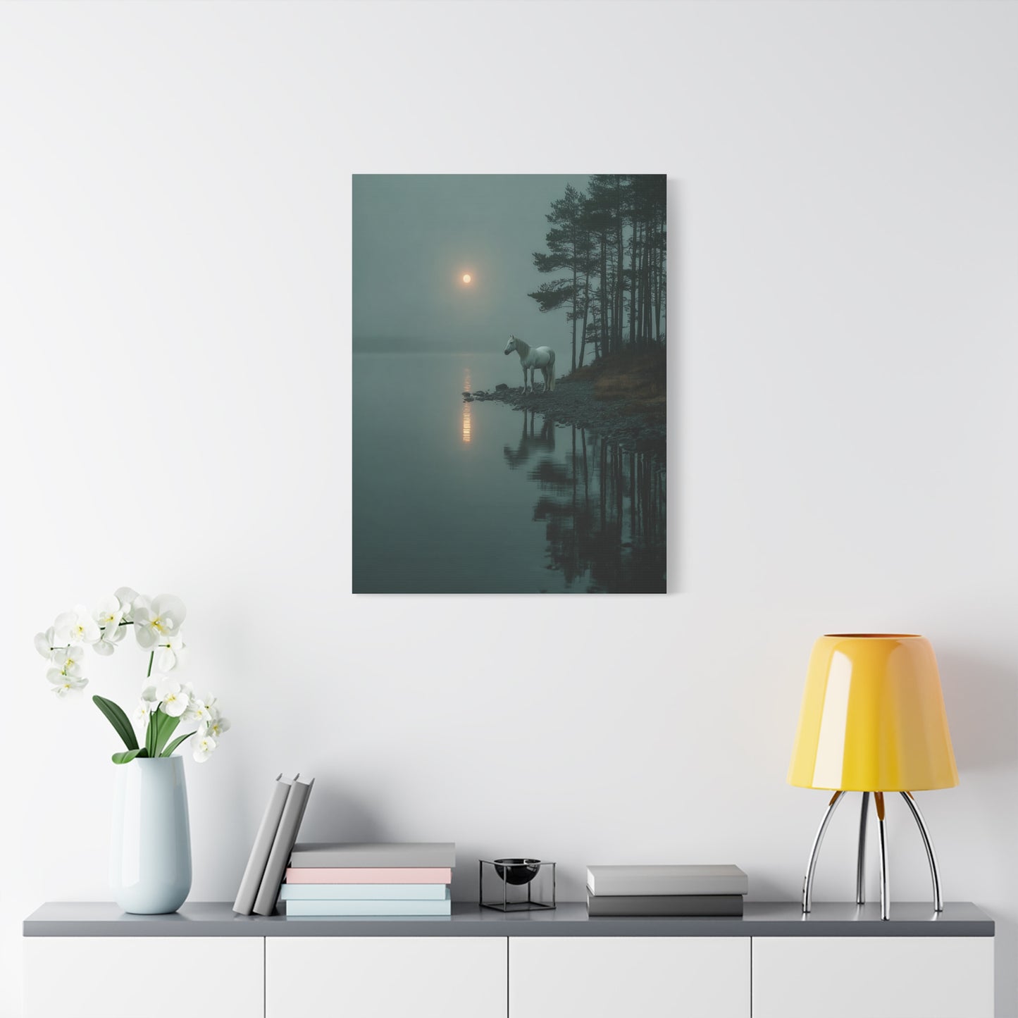 Gray Horse Moonlit Lake Wall Art & Canvas Print