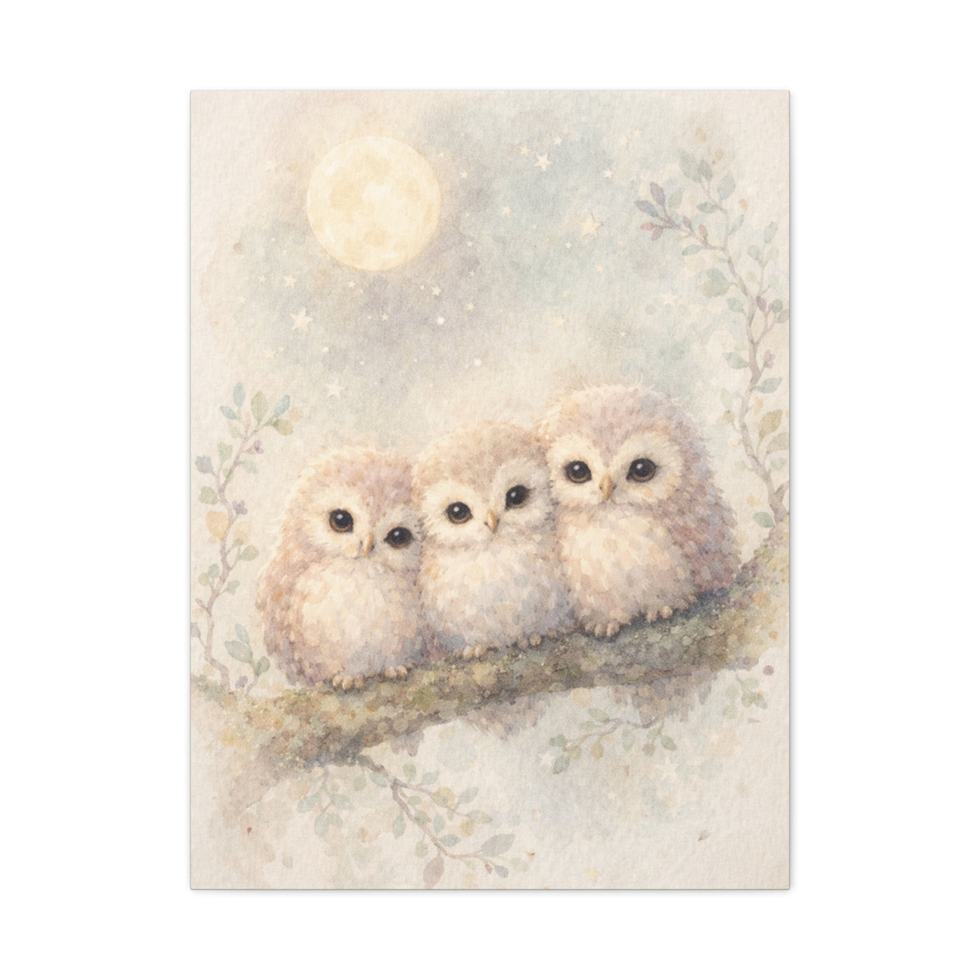 Moonlit Owlet Trio Watercolor Wall Art & Canvas Print