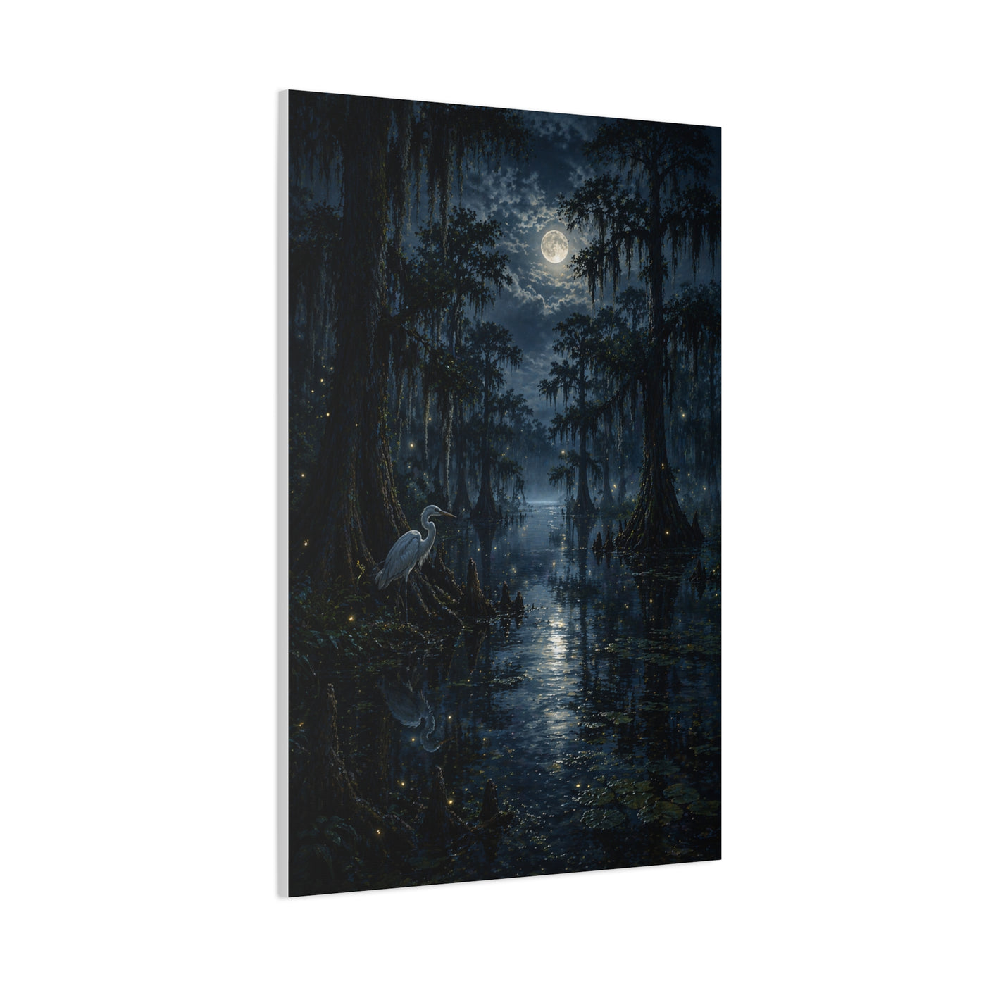 Moonlit Bayou Heron Scene Wall Art & Canvas Print