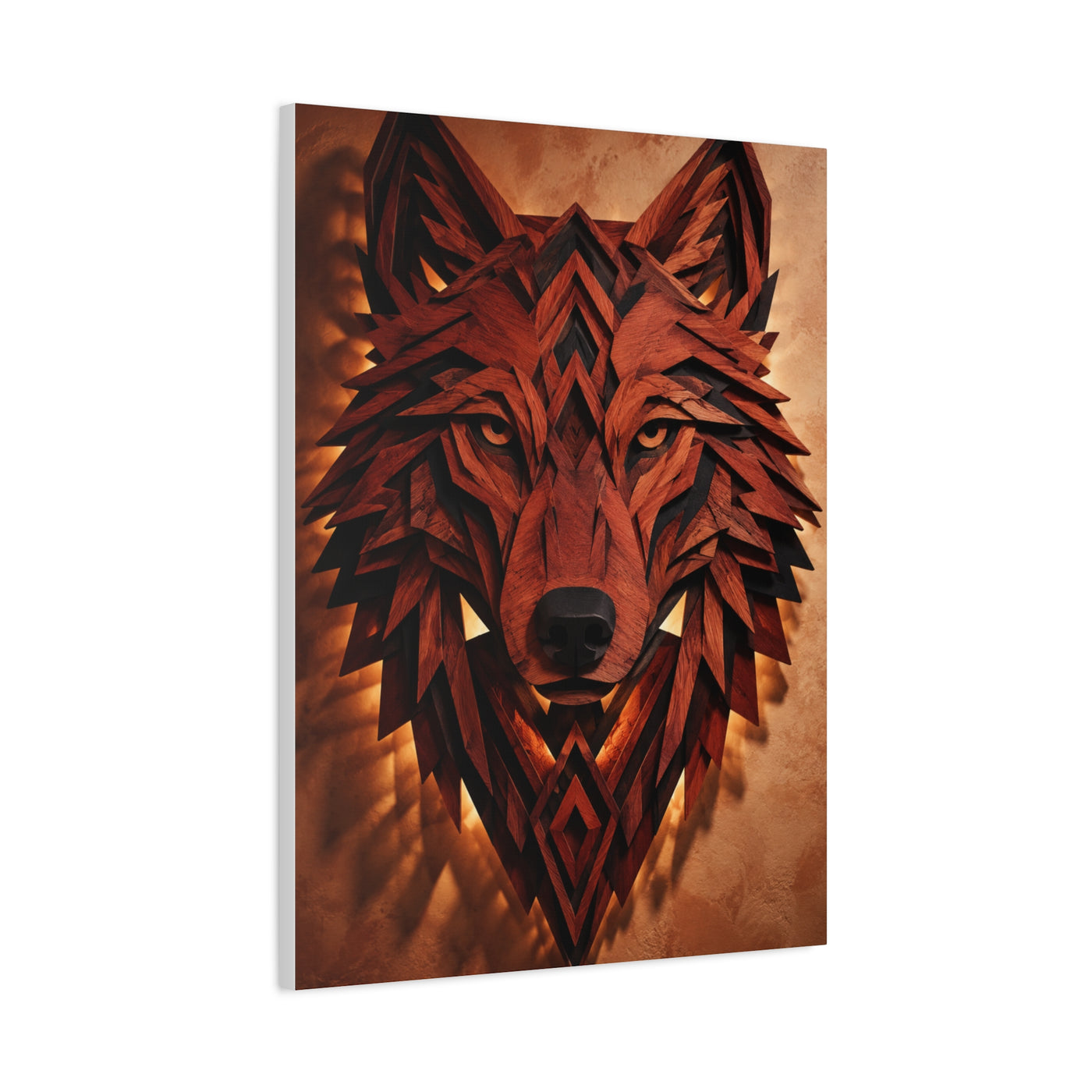 Geometric Carved Wood Wolf Head Sculpture Wall Art & Canvas Print