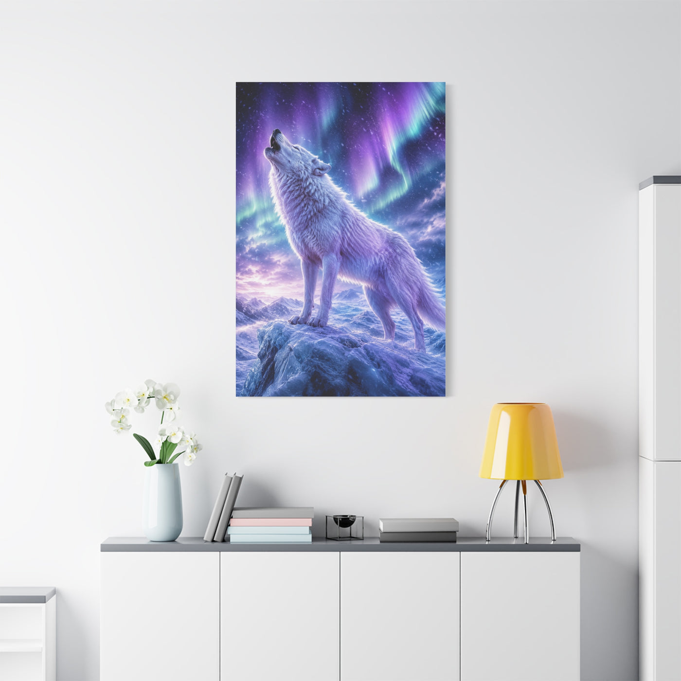 Aurora Night White Wolf Howling Scene Wall Art & Canvas Print