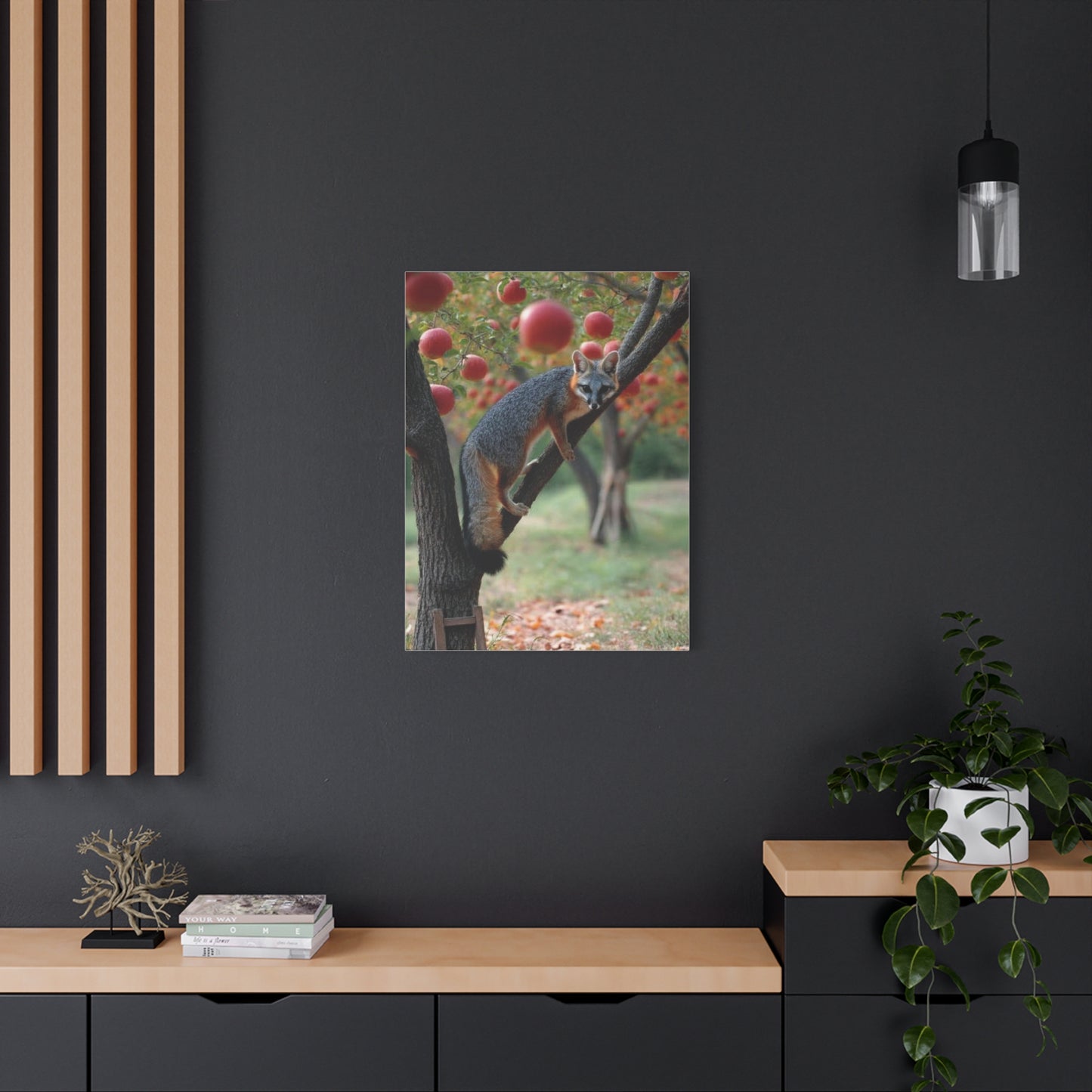 Orchard Gray Fox Climbing Apple Tree Wall Art & Canvas Print