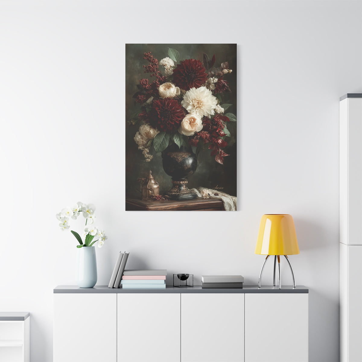 Burgundy Dahlia Floral Still Life Wall Art & Canvas Print