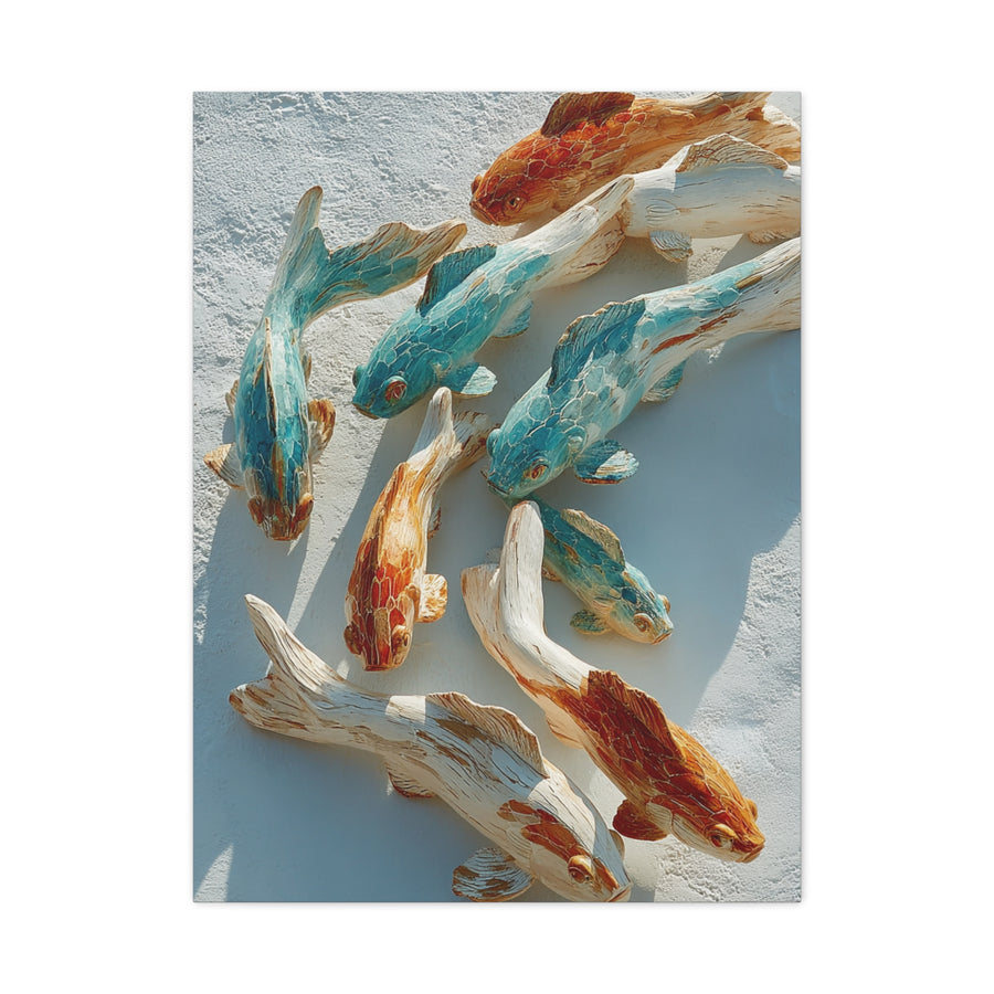 Driftwood School of Fish Coastal Sculpture Wall Art & Canvas Print