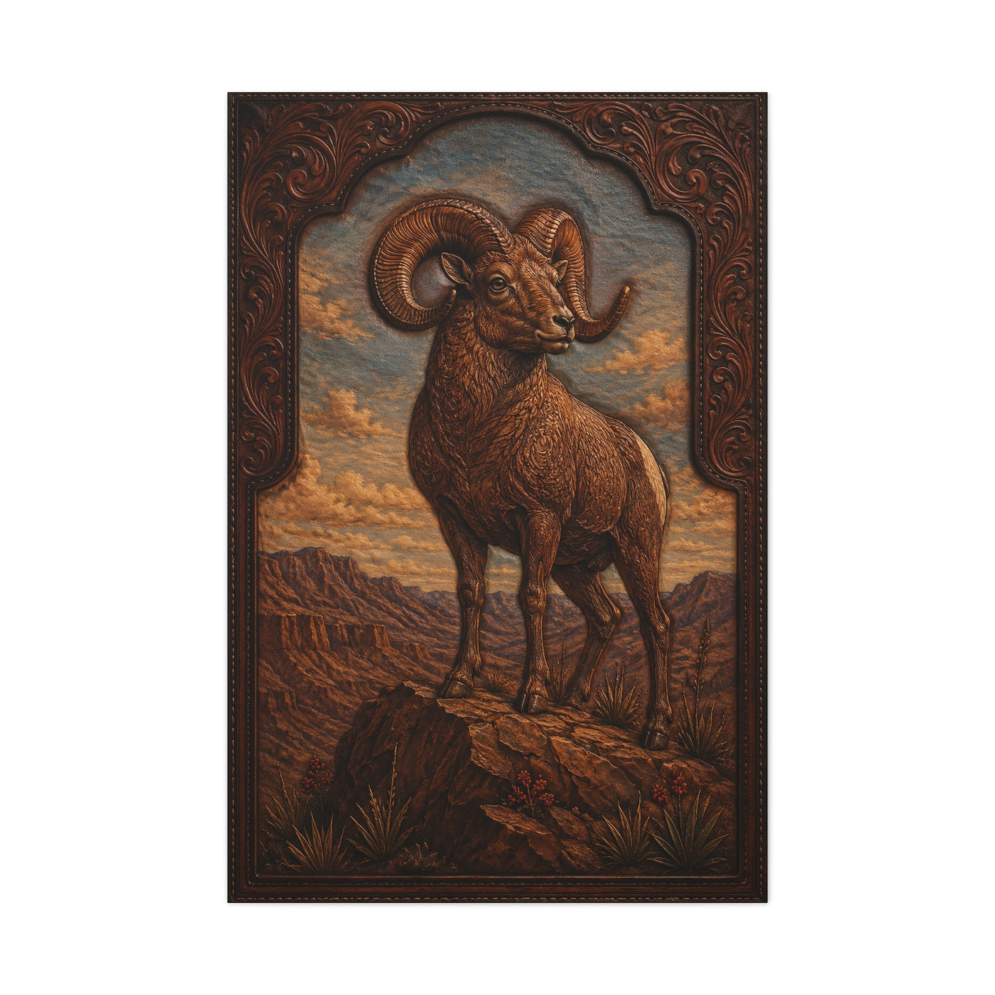 Hand Tooled Bighorn Sheep Southwest Wall Art & Canvas Print