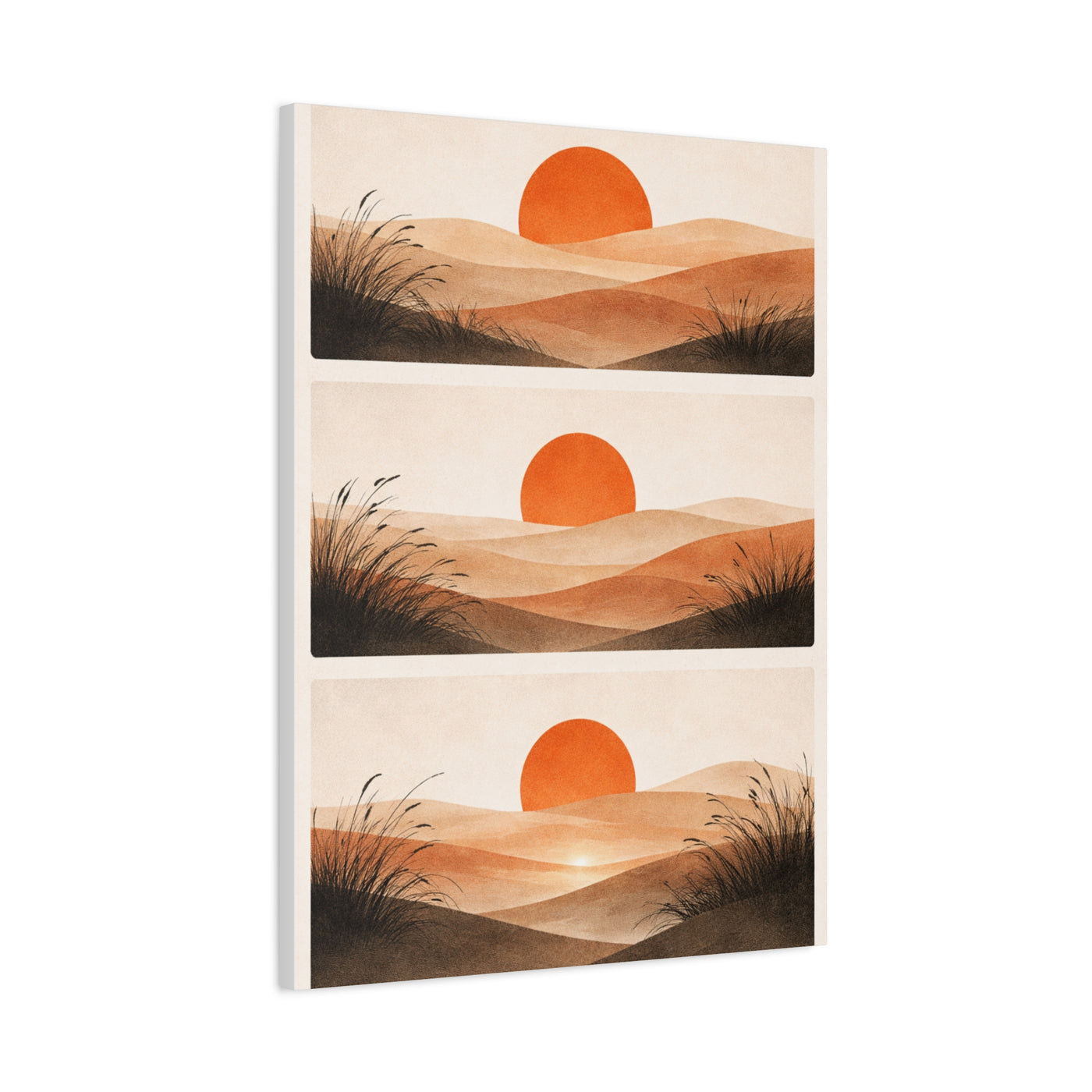 Japandi Orange Sun Triptych Landscape Wall Art & Canvas Print