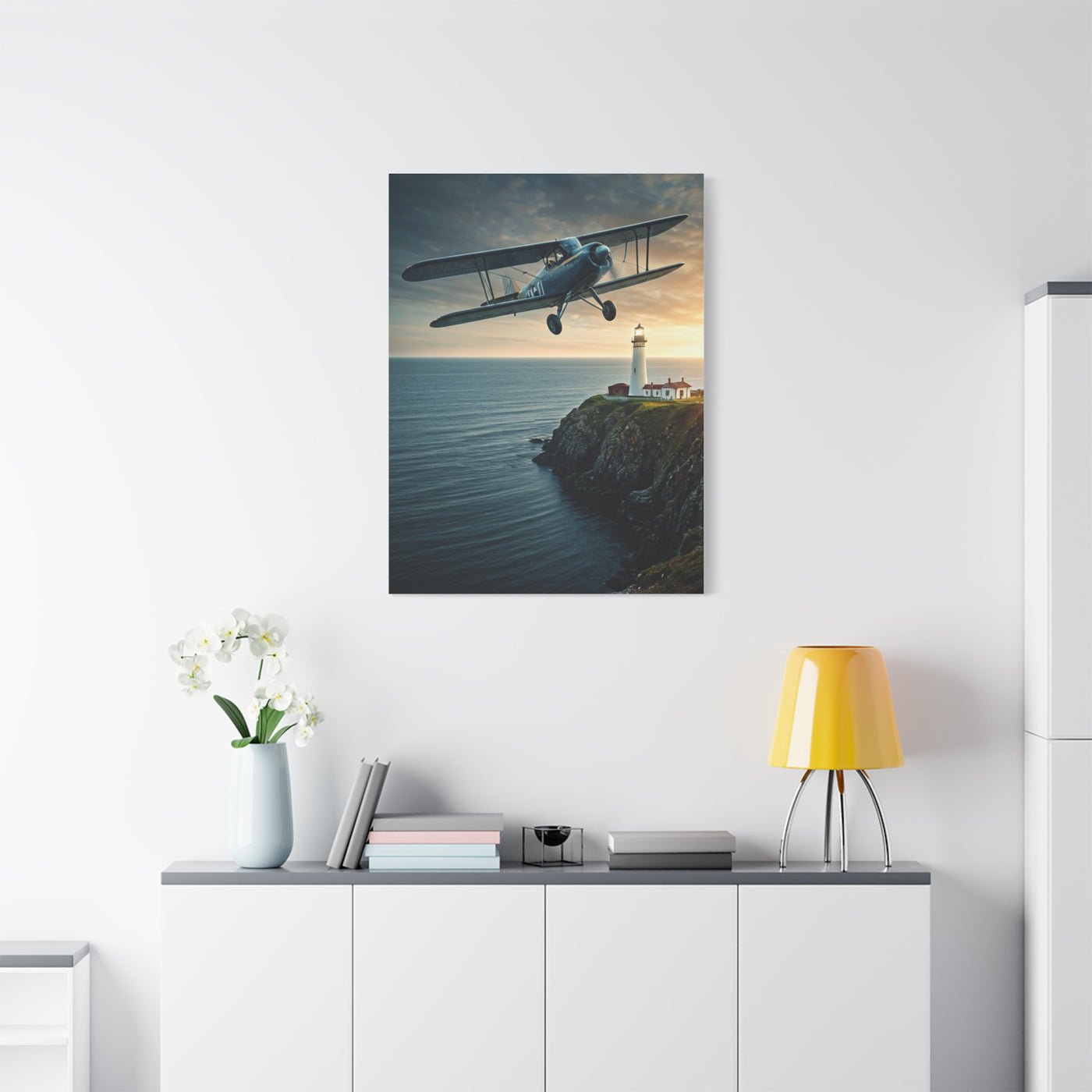Coastal Biplane Over Lighthouse Horizon Wall Art & Canvas Prints