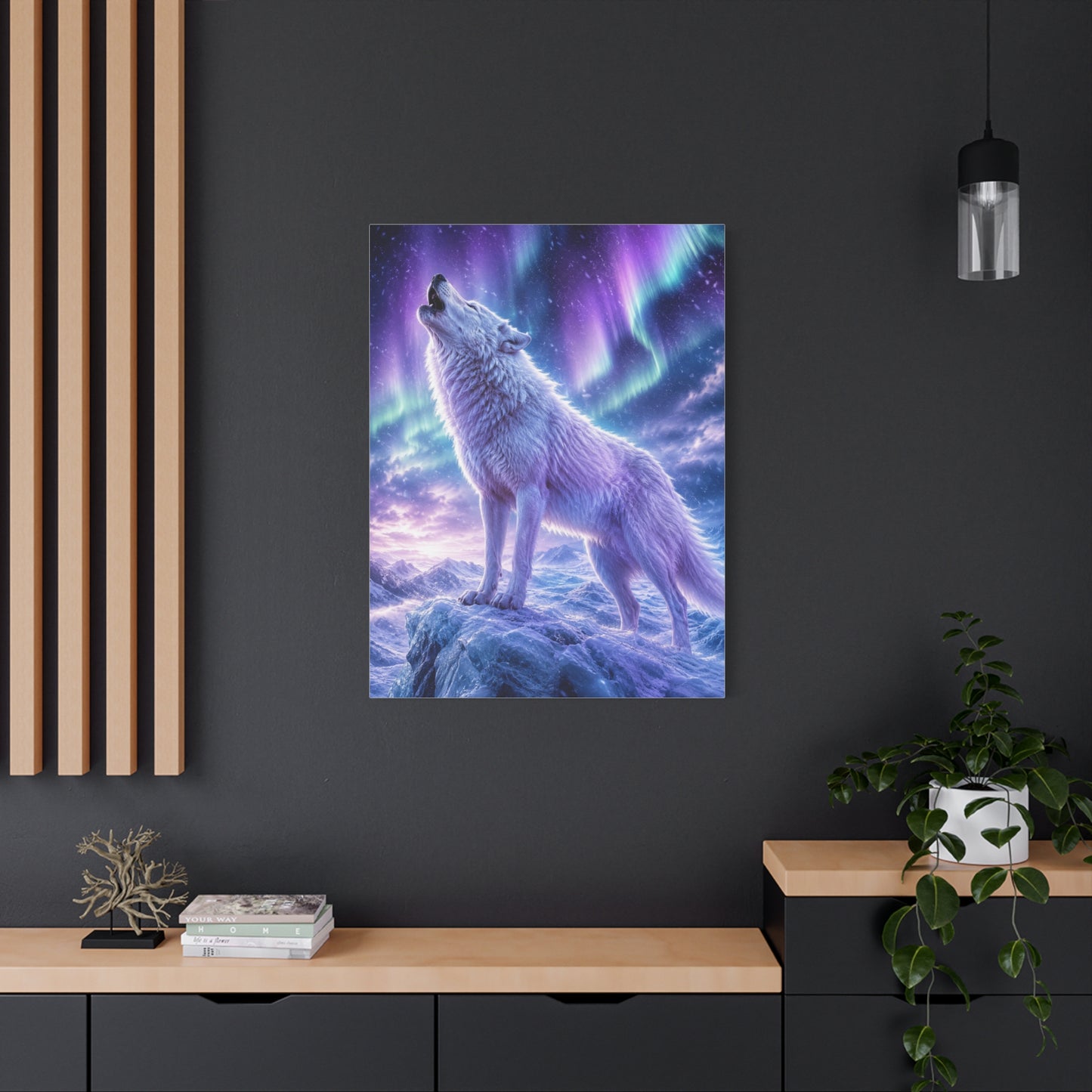 Aurora Night White Wolf Howling Scene Wall Art & Canvas Print