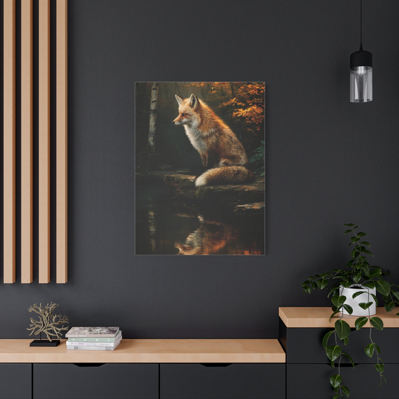 Woodland Stream Fox Reflection Wall Art & Canvas Print