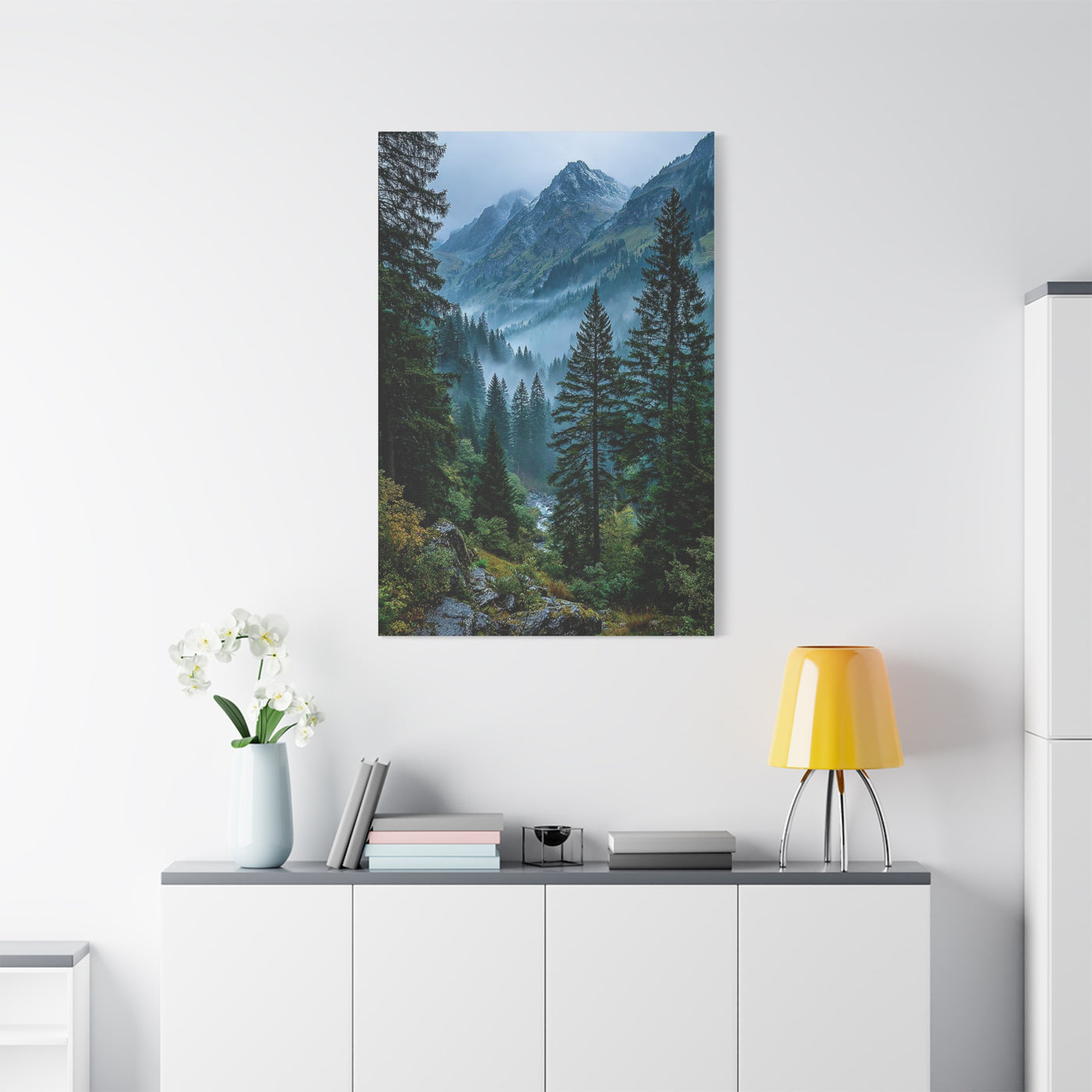 Misty Alpine Forest Valley Wall Art & Canvas Print