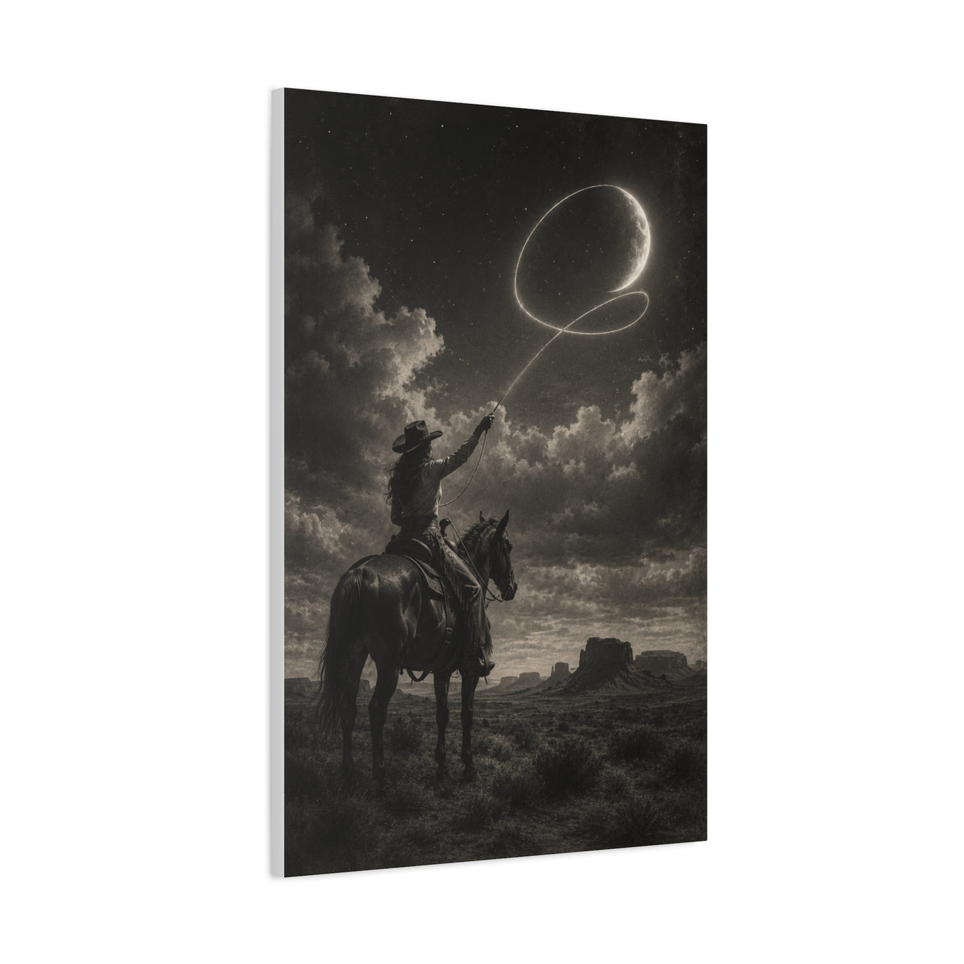 Cowgirl Moon Lasso Silhouette Scene Wall Art & Canvas Print