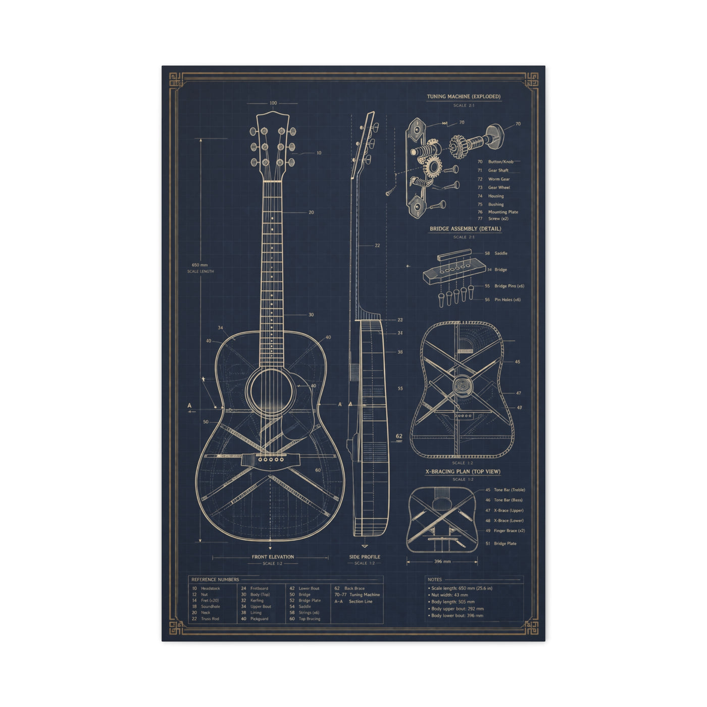 Acoustic Guitar Technical Blueprint Wall Art & Canvas Print