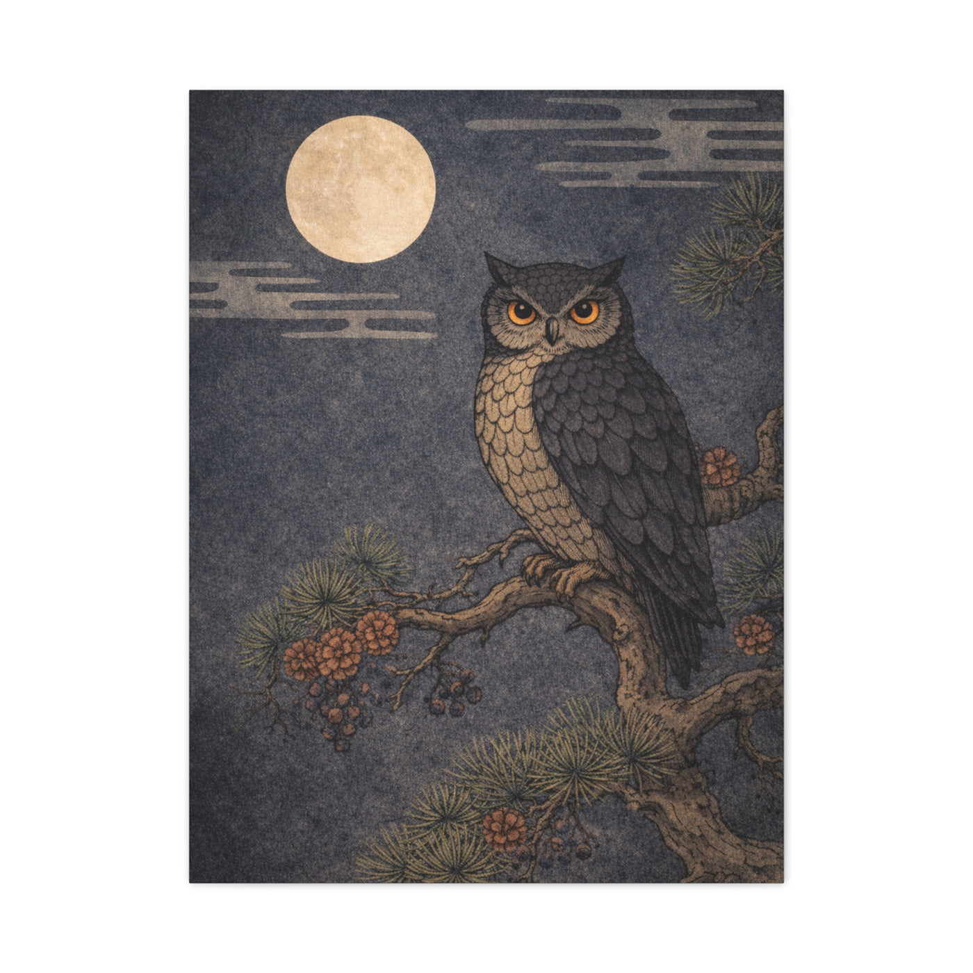 Nocturnal Pine Branch Owl Illustration Wall Art & Canvas Print