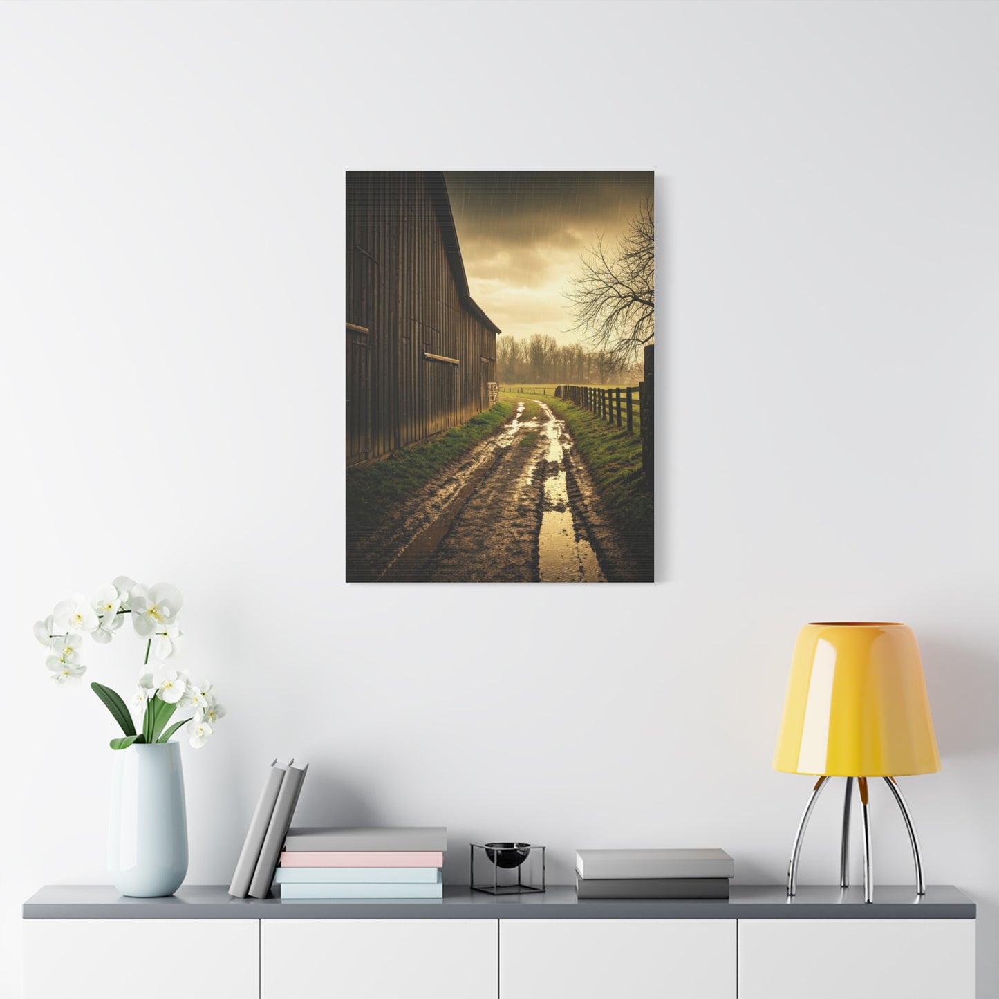 Rain-Soaked Farm Road Beside the Barn Wall Art & Canvas Prints