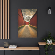 Country Lane Between Red Barns Wall Art & Canvas Prints