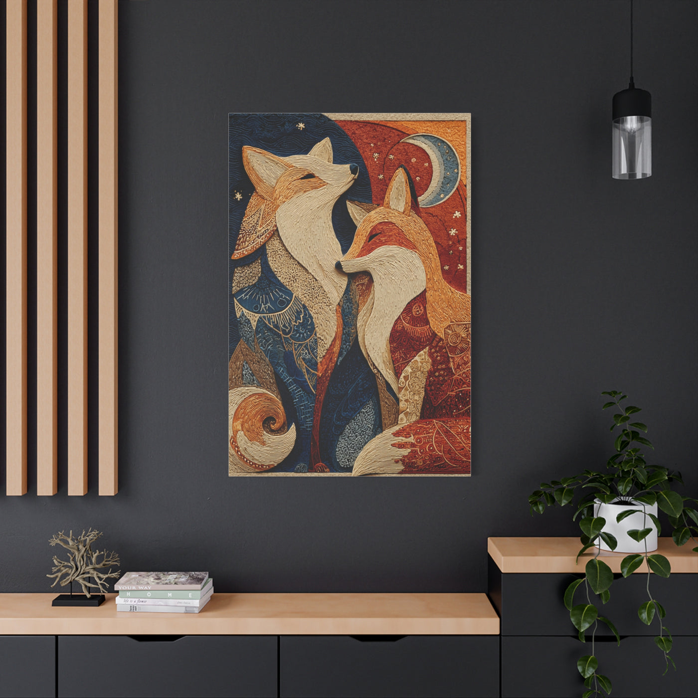 Folk Twin Foxes Celestial Linocut Wall Art & Canvas Print
