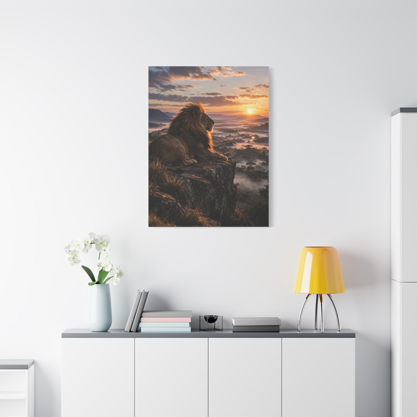 Lion at Sunrise Over Savannah Valley Wall Art & Canvas Print