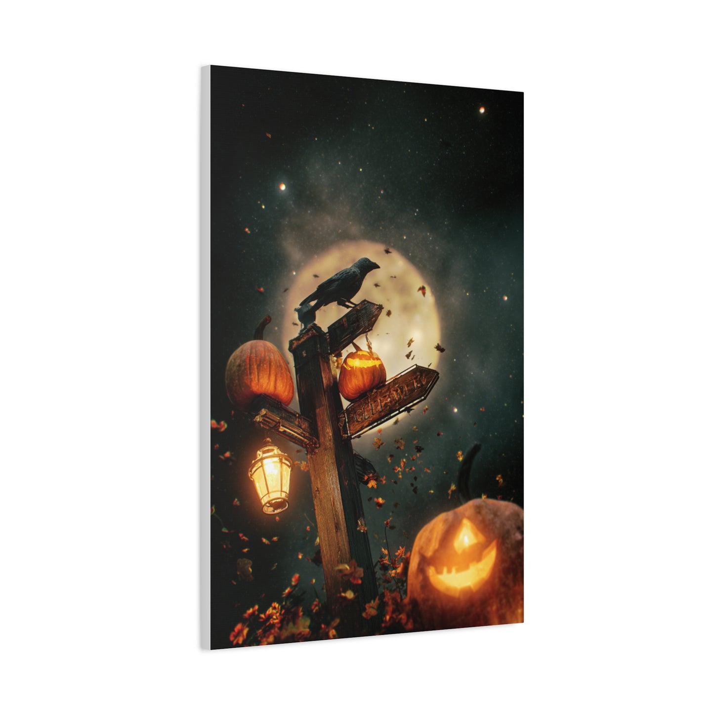 Crow on Pumpkin Signpost Under the Full Moon Wall Art & Canvas Print
