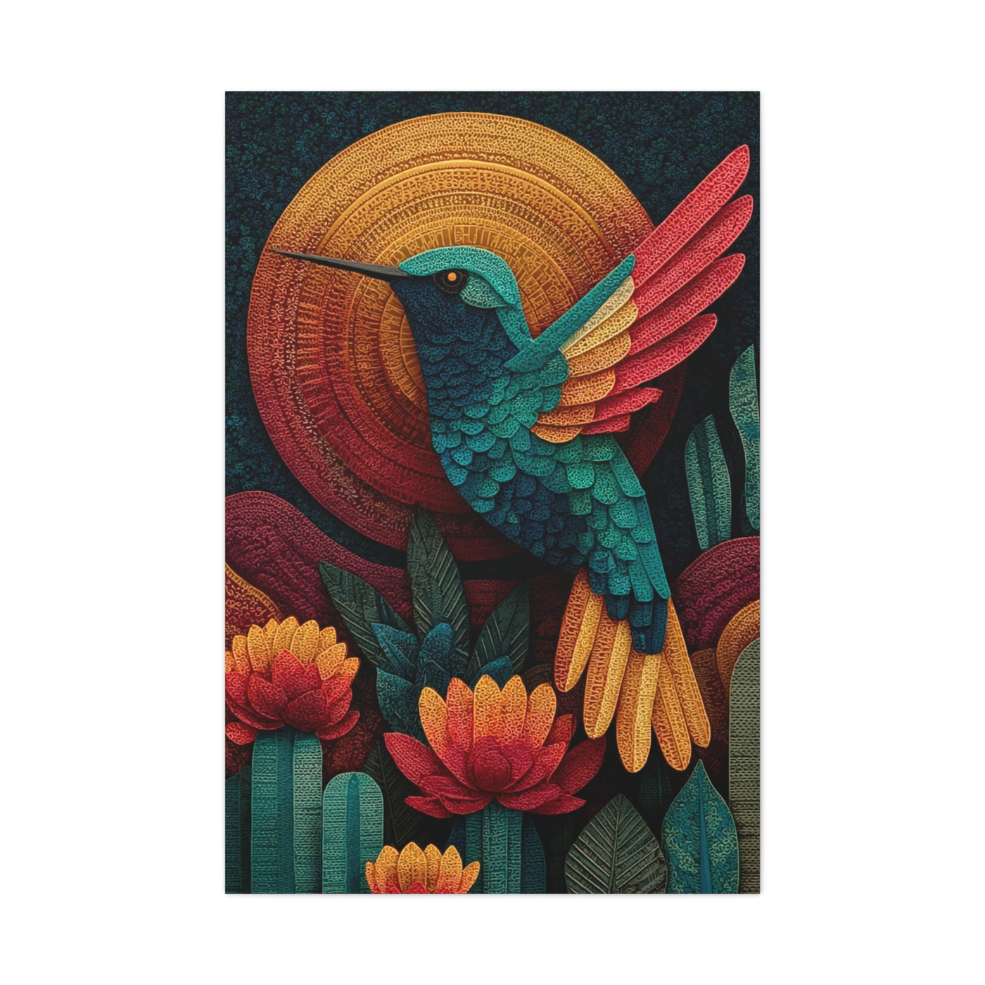 Mexican Hummingbird Sun Disc Folk Wall Art & Canvas Print