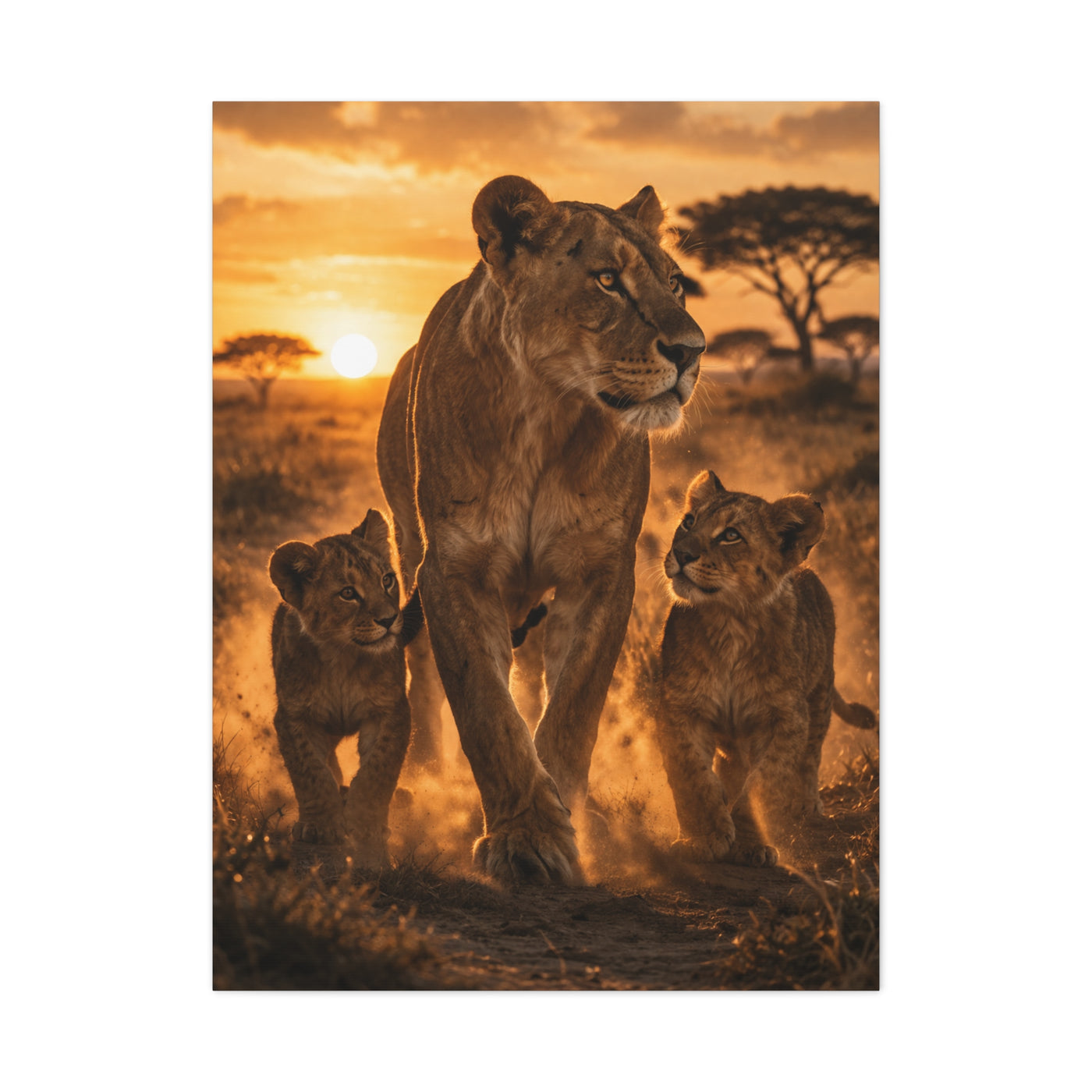Lioness with Cubs Golden Path Wall Art & Canvas Print