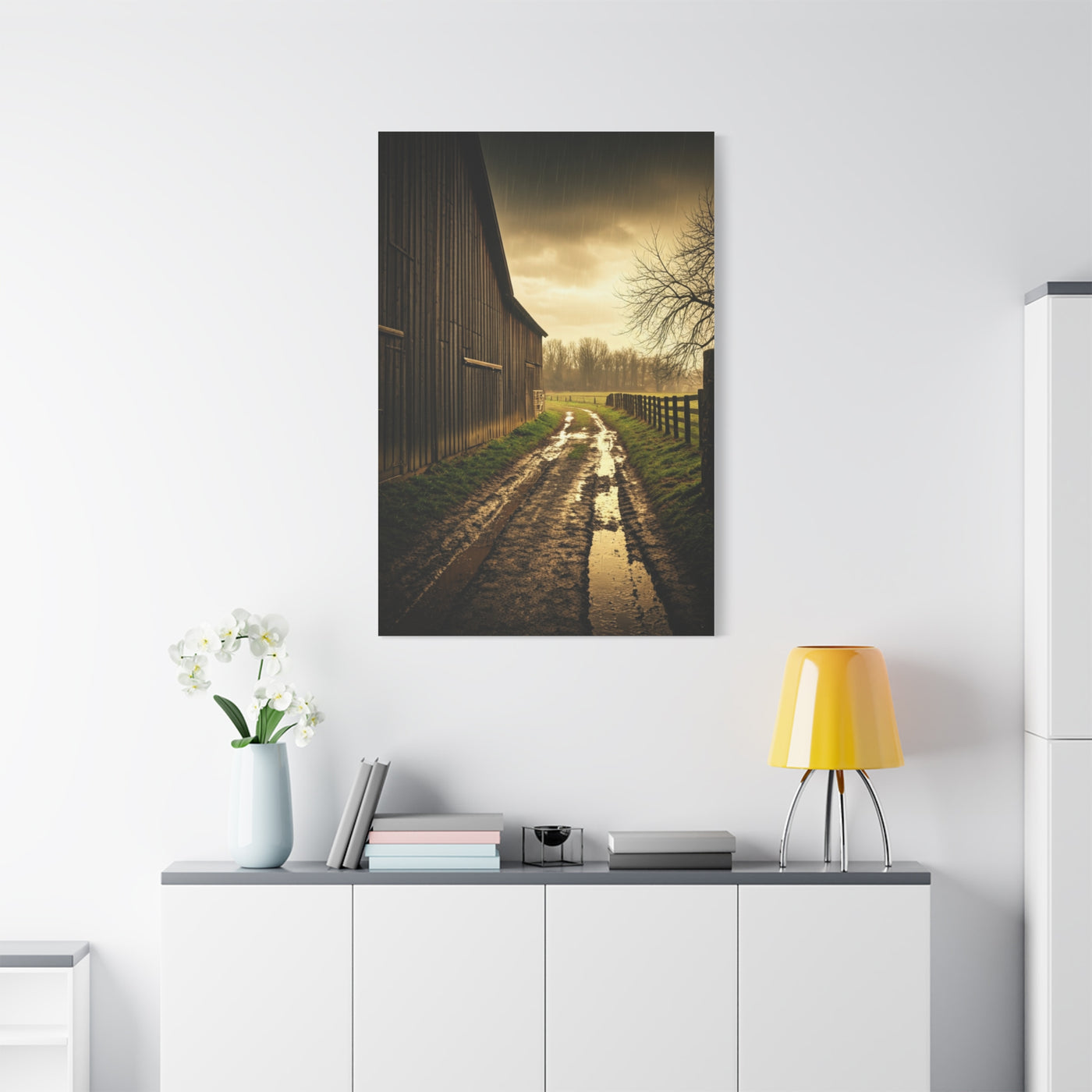 Rain-Soaked Farm Road Beside the Barn Wall Art & Canvas Prints